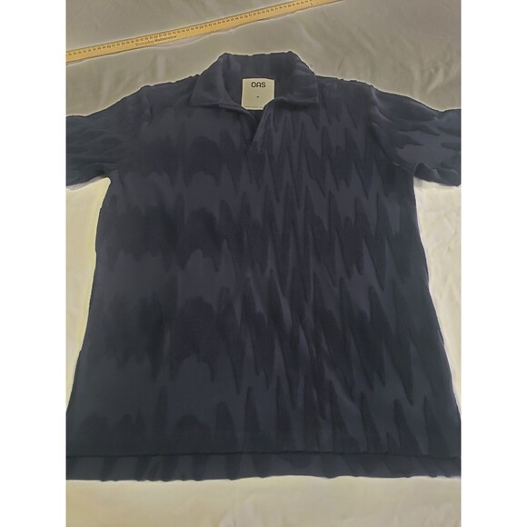 OAS Terry Cloth Mens Medium Blue Short Sleeve Glitch Polo Towel Shirt - Picture 1 of 9